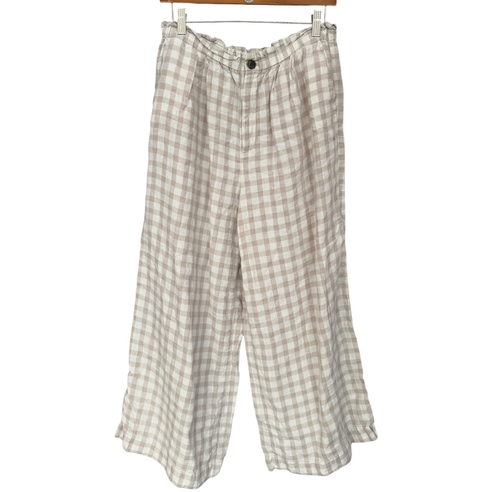 Euro Summer Scandi Linen Gingham Wide Leg Pants Beige M Lou & Grey Minimalist